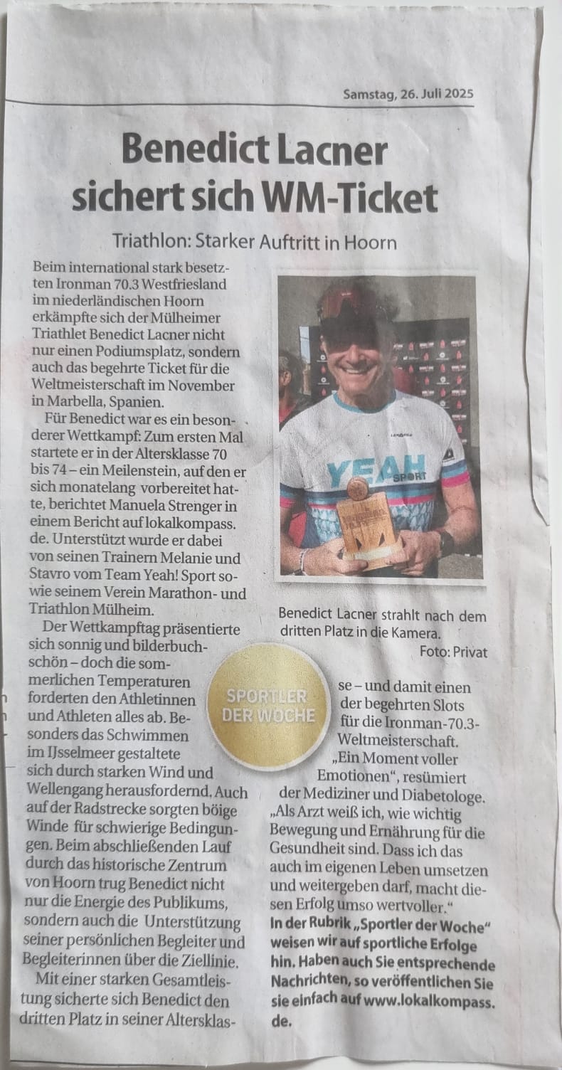 Rubrik:,, Sportler der Woche im www.lokalkompass.de : IM 70.3 Internationales Ticket gelöst- Benedict Lacner fährt zur WM